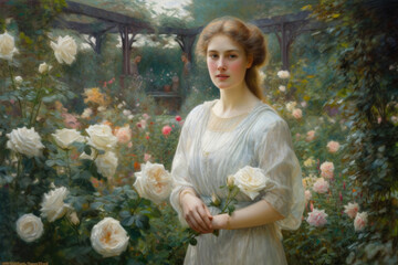 Pre-Raphaelite woman with a gentle smile, wearing a white dress with intricate lace details, standing in front of a garden filled with blooming roses'', generative ai - obrazy, fototapety, plakaty