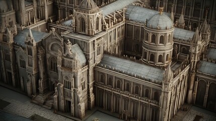 Stunning cathedral with intricate exterior details, including ornate carvings, towering spires, and stained-glass windows, evoking a sense of grandeur and spirituality, generative ai