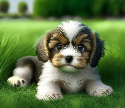 A cute cheerful puppy that looks like a toy sits on a green lawn. illustration, generative artificial intelligence, dog illustration