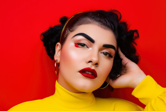 Quirky Portrait of a Woman with a Unibrow and Bold Red Lips Popping against a Vibrant Yellow Background, generative ai