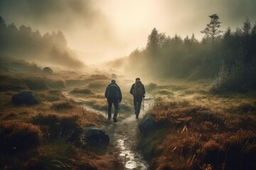 Obraz premium Adventure Seekers: Hiking and Enjoying Outdoor Sports and Activities in Scenic Landscapes. Generative AI