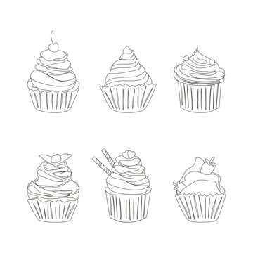 Cake outline illustration. Different cakes set. Delicious and sweet food for celebrations sketch. Restaurant menu card simple decoration. Muffin collection. Sketch illustration.