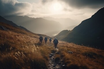 Obraz premium Adventure Seekers: Hiking and Enjoying Outdoor Sports and Activities in Scenic Landscapes. Generative AI