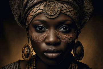 Regal African woman with intricate facial scarification, adorned with statement jewelry and a striking headwrap, generative ai