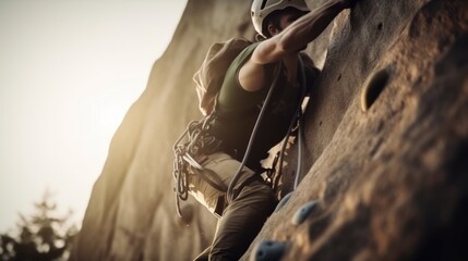 Energetic man rock climbing with focus and skill on an outdoor wall. Generative AI.