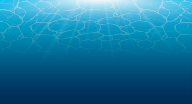 Ocean and sea waves effects. Vector background of quiet clear blue ripples water, water glare, swimming pool, underwater view texture. Summer vacation illustration for wallpaper, web design, poster