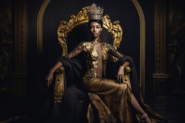 Regal queen with a crown on her head and a luxurious gown, seated on her throne with an elegant background, generative ai - obrazy, fototapety, plakaty