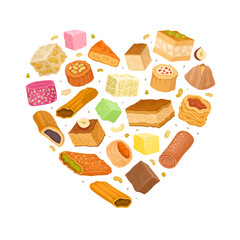 Oriental Sweets Heart Shape Composition Design with Sugary Dessert Vector Template