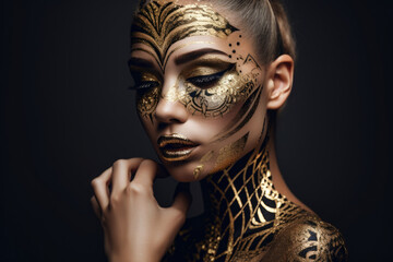 Regal Woman with Majestic Body Art and Golden Details, generative ai