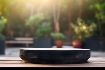 The combination of an empty black concrete table and a bokeh garden background creates an eye-catching product display. Generative AI