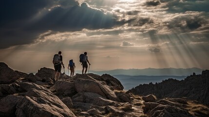Fototapeta premium Adventure Seekers: Hiking and Enjoying Outdoor Sports and Activities in Scenic Landscapes. Generative AI