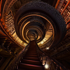 Uneven stairs in the old-fashioned library. Multiple bookshelves around the winding staircase. Generative AI.