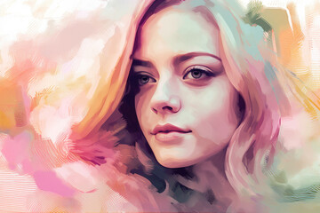 Romantic Pop Art Portrait of a Dreamy Woman with Pastel Colors and Soft Brushstrokes, generative ai