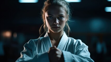 Confident young woman practicing karate in a dojo with focused expression on her face. Generative AI.