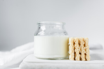 Vanilla wafers on a marble plate, wafer cookies filled with vanilla cream
