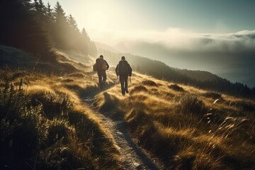 Obraz premium Adventure Seekers: Hiking and Enjoying Outdoor Sports and Activities in Scenic Landscapes. Generative AI