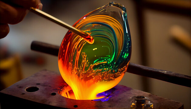 Glass blower forming beautiful piece of glass. A glass crafter is burning and blowing an art piece.