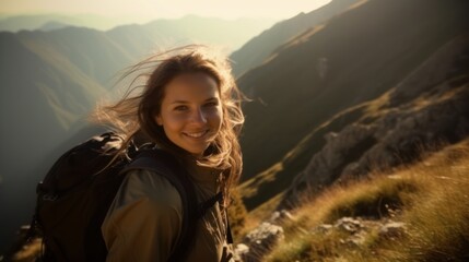 Smiling woman hiking in the mountains with a beautiful view. Generative AI.