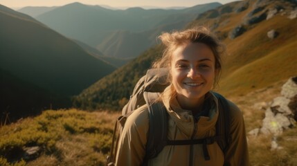 Fototapeta na wymiar Smiling woman hiking in the mountains with a beautiful view. Generative AI.