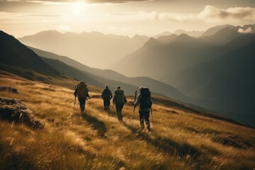 Obraz premium Adventure Seekers: Hiking and Enjoying Outdoor Sports and Activities in Scenic Landscapes. Generative AI