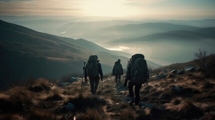 Obraz premium Adventure Seekers: Hiking and Enjoying Outdoor Sports and Activities in Scenic Landscapes. Generative AI