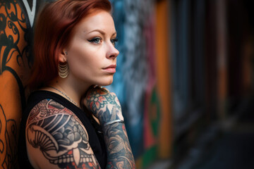 Naklejka premium Soulful and contemplative portrait of a woman with intricate tattoos and a serious expression in an urban graffiti setting, generative ai