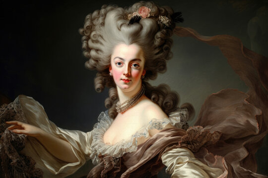 striking Rococo portrait of a woman, depicted in a dramatic and theatrical style, wearing a bold, extravagant dress and a dramatic hairdo, generative ai