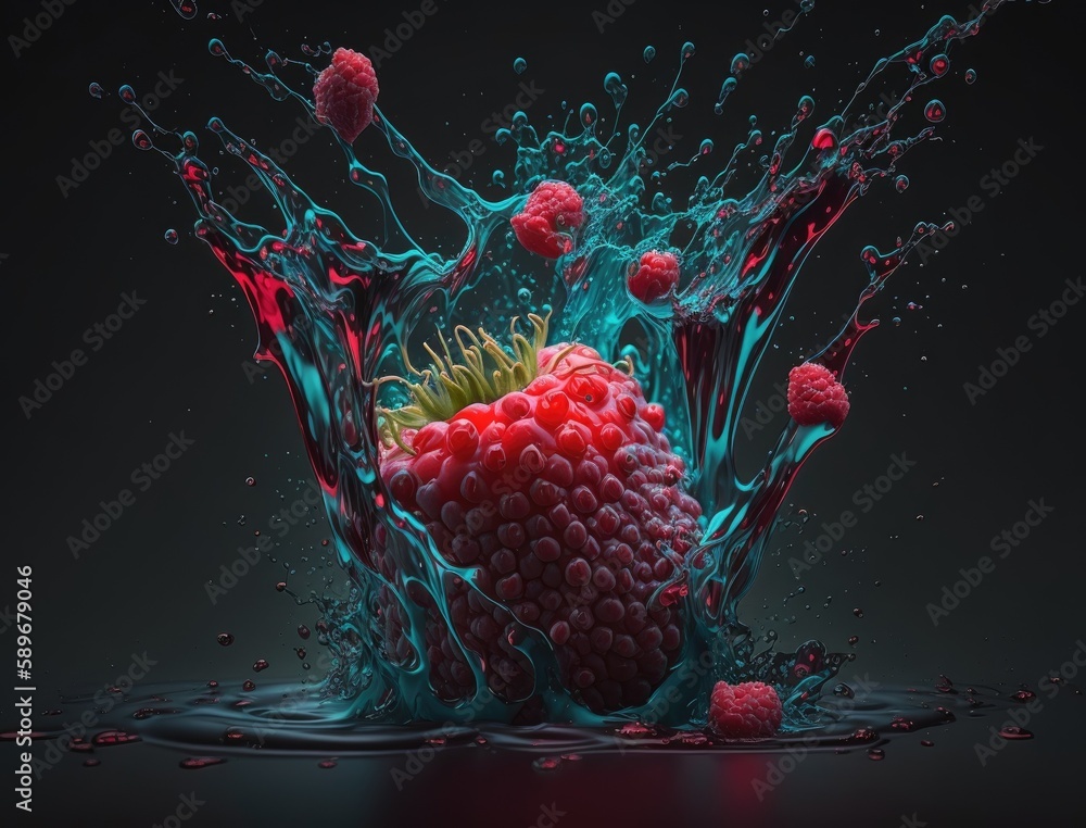 Poster explosion raspberry juicy liquid with raspberry fruit on dark background. generative ai