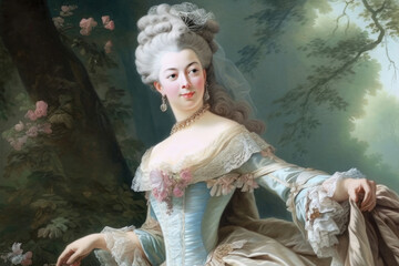 stunning Rococo portrait of a lady, depicted in a magnificent outdoor setting, wearing a magnificent gown with intricate details and a fancy hairdo, generative ai