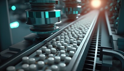 Tablets and Capsules Manufacturing Process. Close-up Shot of Medical Drug Production Line. White Painkiller Pills are Moving on Conveyor at Modern Pharmaceutical Factory. Generative AI