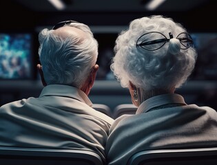 Obraz premium Horizontal shot of mature adult Caucasian man comforting his wife while watching tragedy or drama or melodrama or comedy movie at cinema. Rear view. Generative AI