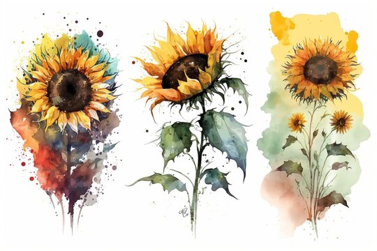 Watercolor of colorful spring Sunflowers. Generative AI