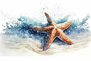 Starfish on the beach. Watercolor. AI generation