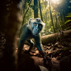 Monkey looking through a wide-angle lens