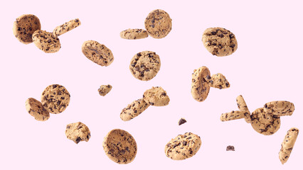 Chocolate cookies isolated on pink background. Sweet food biscuit concept intended for various uses such as bakeries, websites, online shop....