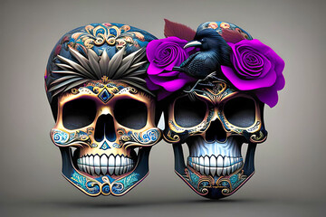 A Crow and Rose flower on the head of decorative Sugar Skull. Mexican style Day of the Dead image. Generative AI