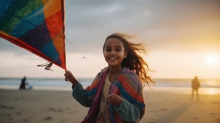 Cheerful girl playing with a kite on the beach on a sunny day. Generative AI.