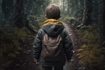Young boy forest trail adventure back view. Generative AI