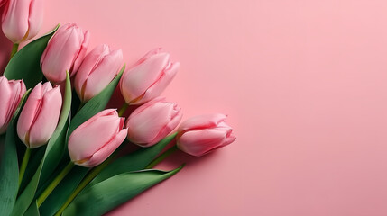 Spring tulip flowers on pink background top view in flat lay style. Greeting for Womens or Mothers Day or Spring Sale Banner