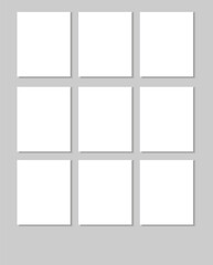 Empty white poster. Paper blank template. Vector illustration. Template. 9 empty blanks on grey board