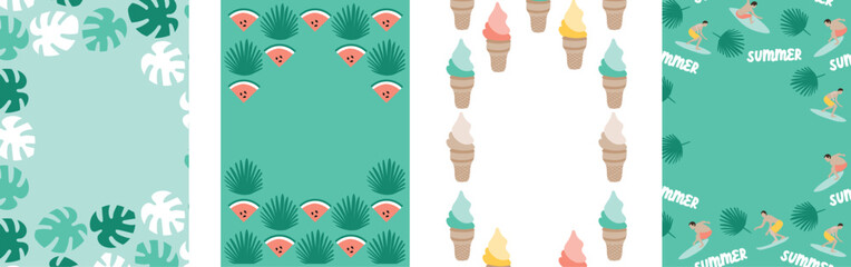 summer tropical exotic leaves green botanical background. summer watermelon background, ice cream monstera surfers