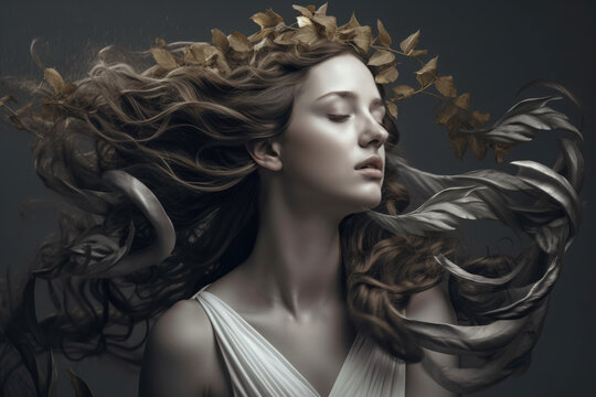 The Muse of Epic Poetry portrait of a woman with flowing hair and a laurel wreath, inspired by the ancient Greek goddesses of art and literature, generative ai
