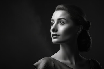 Timeless portrait of a woman with classic and elegant features in monochromatic style, generative ai