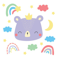 Childish drawing with cute bear and baby shower greeting card. Vector texture for baby bedding, fabric, wallpaper, wrapping paper, textile, t-shirt