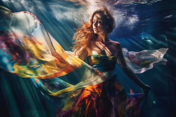 Underwater portrait of a woman with flowing hair and billowing fabric, surrounded by colorful marine life and sunlight filtering through the water, generative ai