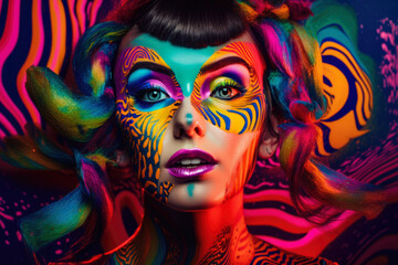 Obraz na płótnie Canvas vibrant and colorful portrait of a woman with bold makeup and a playful expression, surrounded by psychedelic patterns and abstract shapes in a trippy world, generative ai