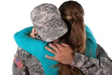 Happy woman hugging military man isolated on white