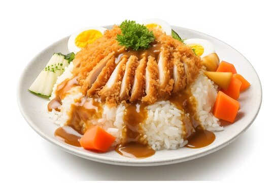 Picture of halal katsu curry with breaded chicken, rich curry sauce, and rice. Generative AI