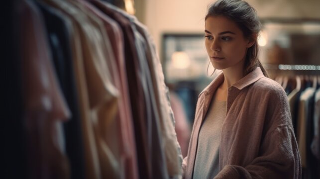 Cheerful Woman Shopping For Clothes With A Big Smile On Her Face In A Boutique. Generative AI.