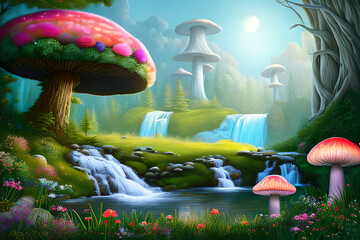 Mystical Moonlit Forest: Giant Glowing Mushrooms in Fairy Clearing with Generative AI